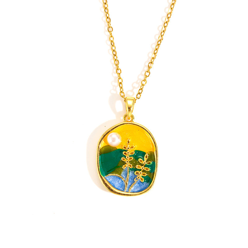 Wholesale rose oil painting high-grade necklace pearl color simple clavicle chain stainless steel plated 18k gold necklace for women